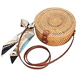Round Rattan Bags,Handwoven Straw Crossbody Handbag for Women with Shoulder Leather Strap