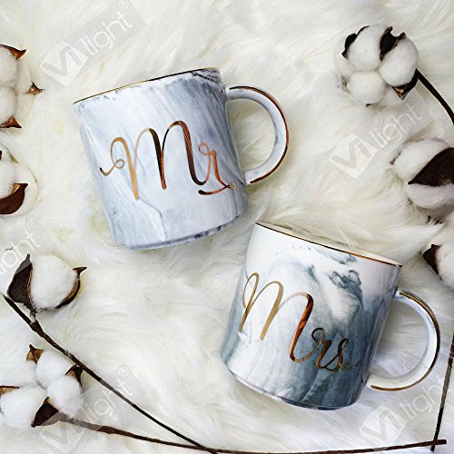 Vilight Mr and Mrs Mugs Set - Engagement Bridal Shower and Wedding Gifts - Anniversary Coffee Cups for Engaged Married Couples 2018 - Ceramic Marble Tumbler 11.5 oz