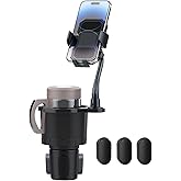 Belinous Car Cup Holder Expander with Phone Holder, 2 in 1 Car Phone Mount & Cup Holder Adapter with Adjustable 360° Rotation Gooseneck, U-shaped Handle Slot, Fits for iPhone, Samsung, Drinking Bottle