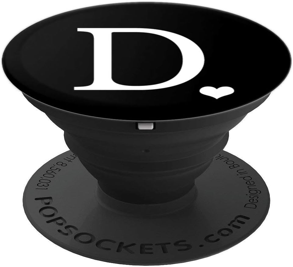 White Initial Letter D heart Monogram on Black PopSockets Grip and Stand for Phones and Tablets