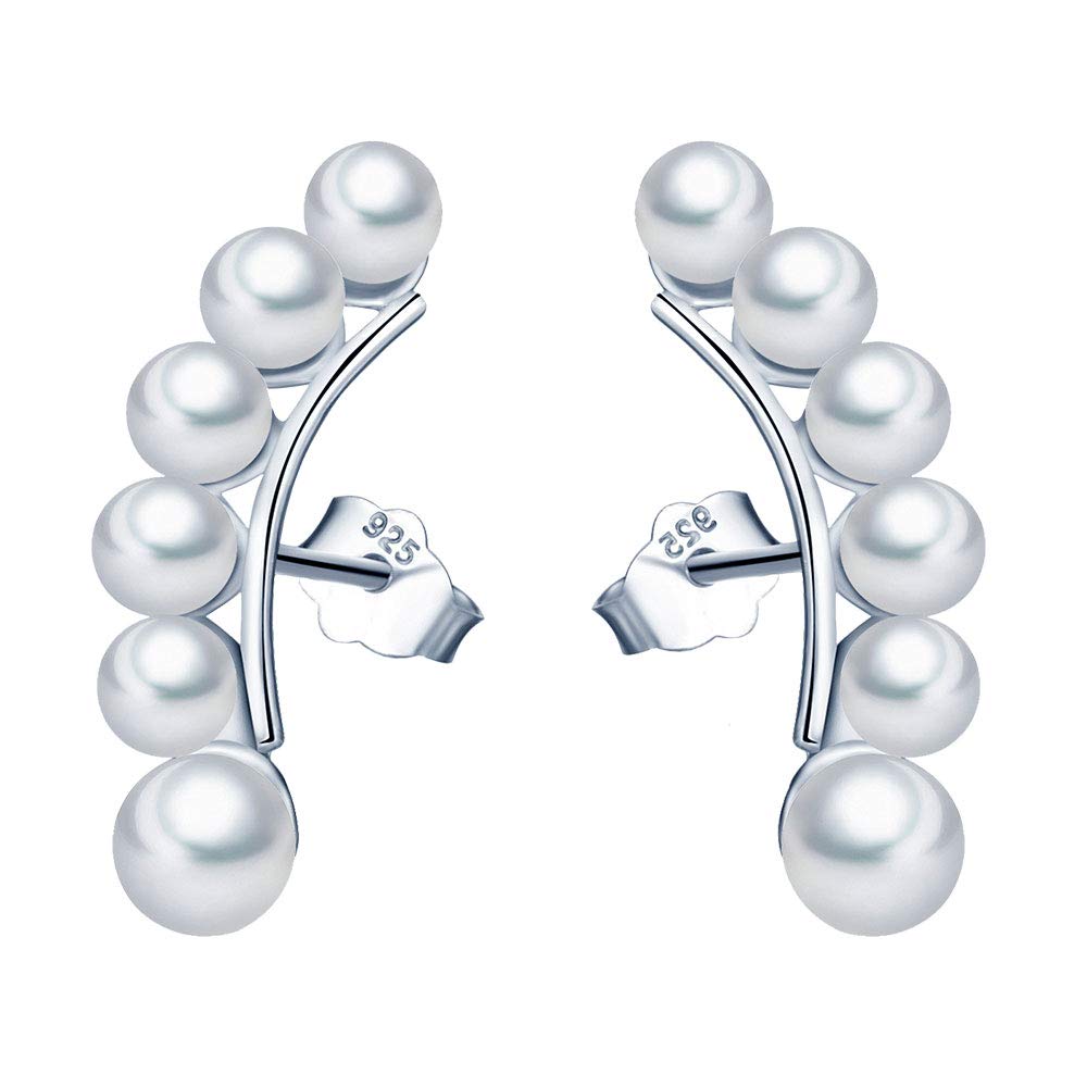MICGIGI-Women Single Pearl Row Earrings 925 Sterling Silver Stud Earrings with 3mm-5mm Pearls