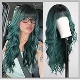KOME Green Wigs with Bangs,Green Wig for Women Highlight Long Wavy Wig for Women,Long Curly Wigs Synthetic Hair Wig for Party Cosplay Daily Use 26IN…