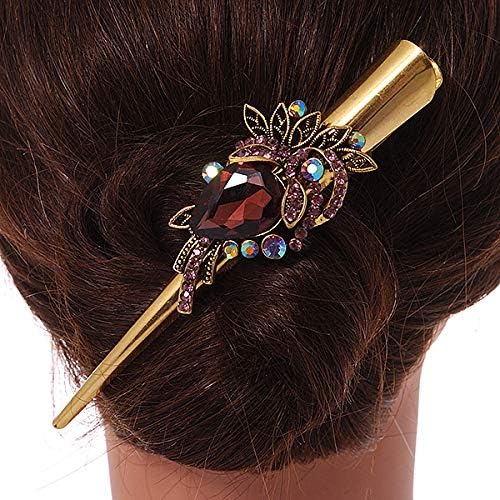 Long Vintage Inspired Gold Tone Plum Purple/Ab Crystal Floral Hair Beak Clip/Concord/Crocodile Clip - 13.5cm L - Image 4