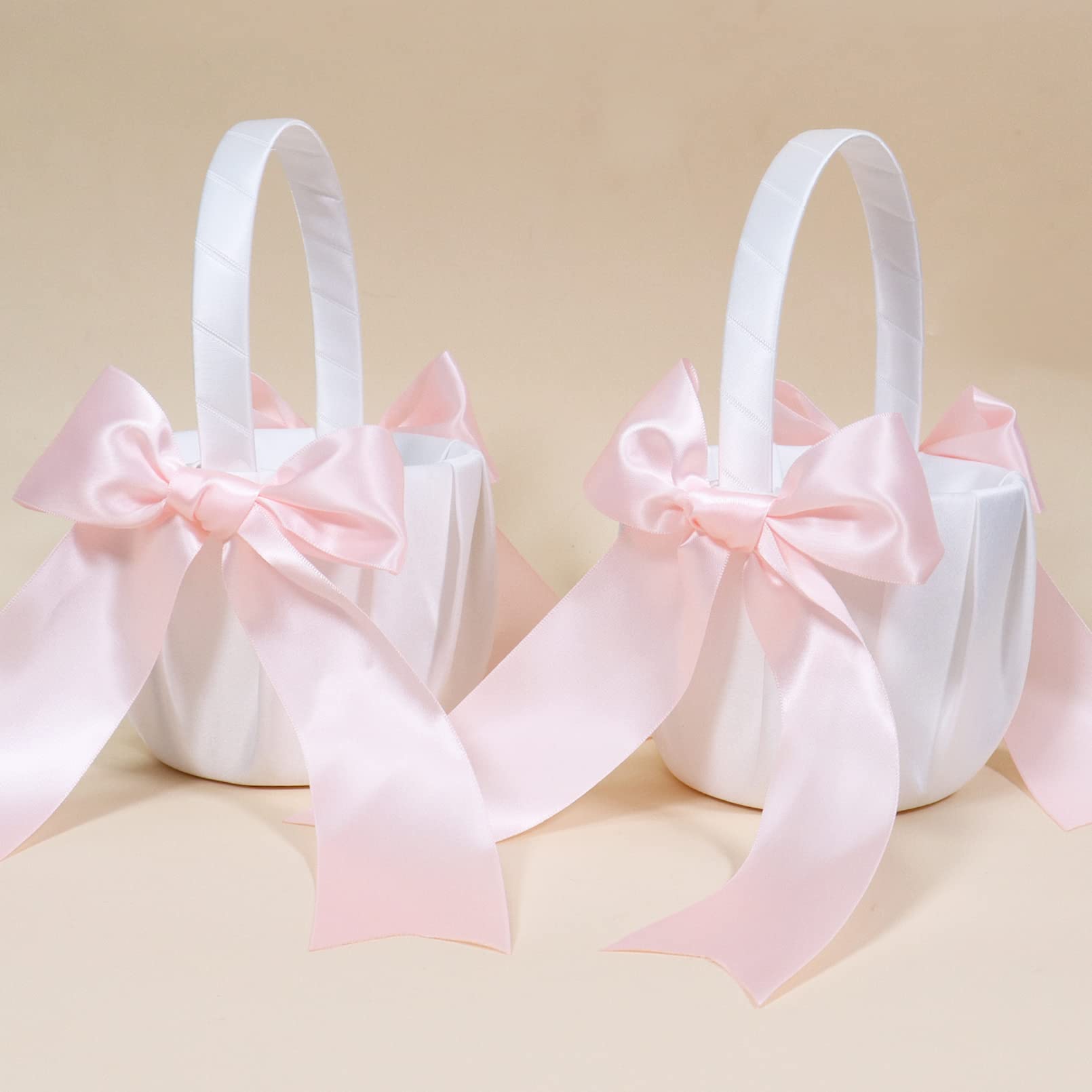 2Pcs Pink Bowknot Wedding Basket for Flower Girls - Cute Satin Flower Girl Basket