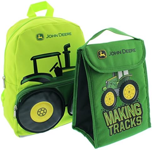 John Deere 13 inch Toddler Backpack and Foldable Lunch Bag Set (Green Tractor)