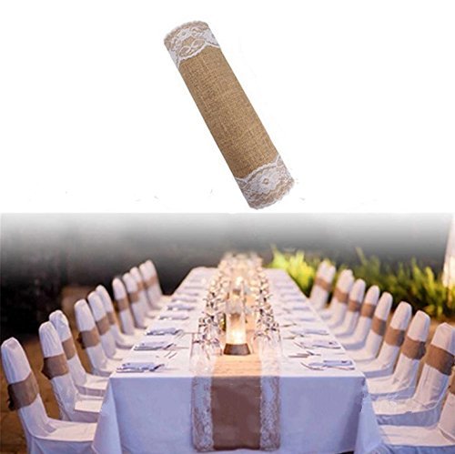 Haperlare 12 x 108 inch Natural Vintage Burlap Table Runner with White Lace Jute Tablecloth Hessian Table Runner Burlap Tablecloth for Country Outdoor Wedding Party Christmas Home Decorations