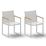 Oasbira Outdoor Dining Chairs Set of 2, Aluminum Patio Dining Chiars with Textilene Mesh, 2 Piece Outdoor Chiars for Garden, Backyard, Deck (White-Teak)