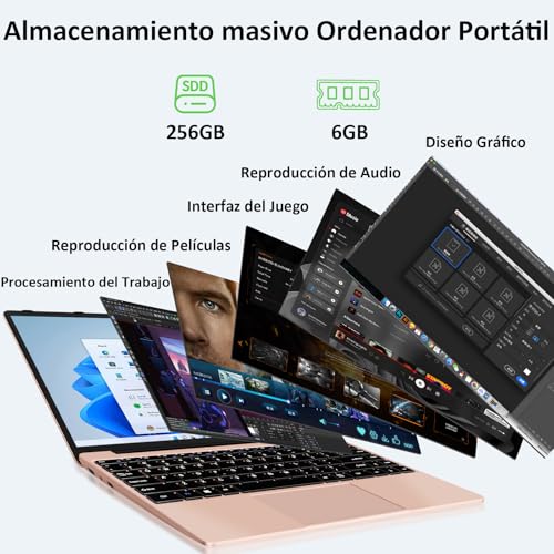 bvate 2026 Ordenador Portátil 14 Pulgadas hasta 2,8 GHz Celeron 256GB SSD PC Portátils Soporta 1TB SSD Expansión con Ratón Inalámbricopara Trabajo-Estudio-Aprendizaje 1080 Mini Puerto Multimedia-Oro
