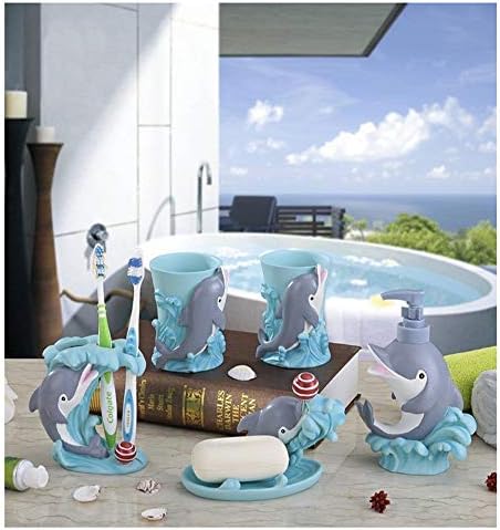 DALAZ Cartoon Dolphins 5 Pieces Bathroom Accessory Set, Creative Soap Dish Liquid Soap Dispenser Toothbrush Holder Tumbler HS27