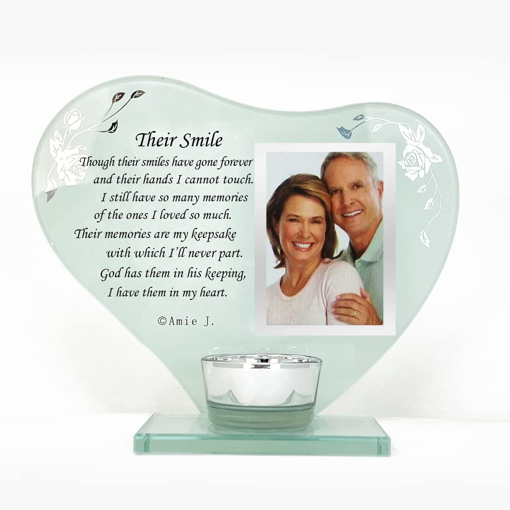 Photo Frame Candle Holder Memorial Plaque Gift with Space to Add a Photograph, Heart-Shaped, Engraved with a Personalised Poem, for Bereavement, Death Anniversary of your Loved Ones (Their Smile)