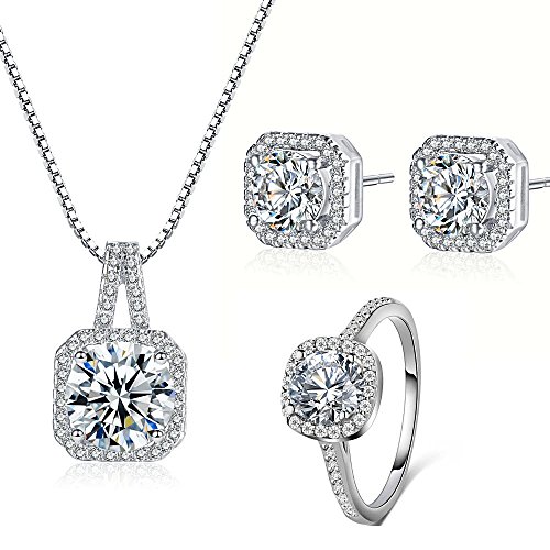 925 Silver Necklace Pendant Halo Cushion Cut Ring Size 8 Bridal Engagement Jewelry Set For Women Gift