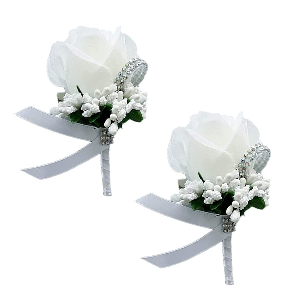 Bhina 2 Pieces Roses Corsage,Buttonhole Corsage,Wedding Flower Corsage,Wedding Boutonniere,Groom Boutonniere,Wedding Boutonniere White Rose,Used For Weddings, Dance Parties, Banquets, Anniversaries