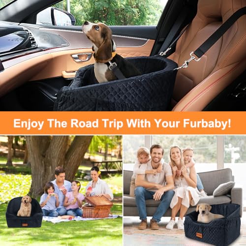 Vivifying Dog Car Seat, Memory Foam Dog Booster Seat for Small Up to 10KG, Detachable and Washable, Height Elevated with Storage Pockets (Black)