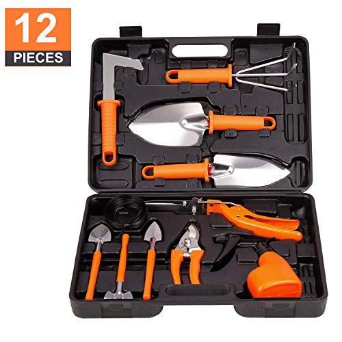 LELEKEY Garden Tool Set,12 Piece Stainless Steel Heavy Duty Gardening Kit with Carrying Case,Ergonomic Handle Shovels,Rakes,Pruning Shears,Sprayer,Garden Gifts for Men & Women (Orange)