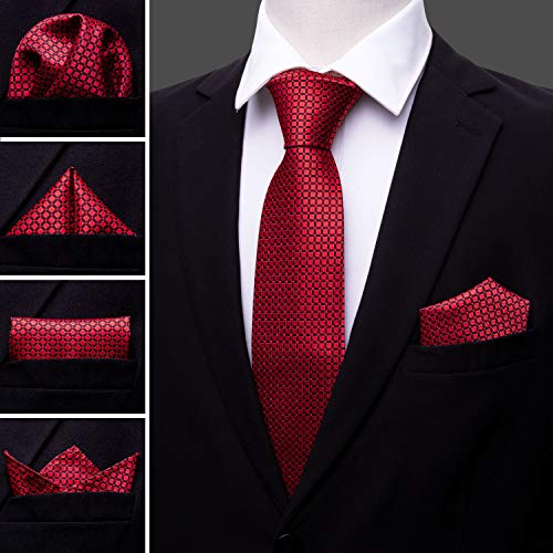 YOHOWA Men Red Ties Solid Silk Tie and Pocket Square Cufflinks Set for Wedding Party Tuxedo