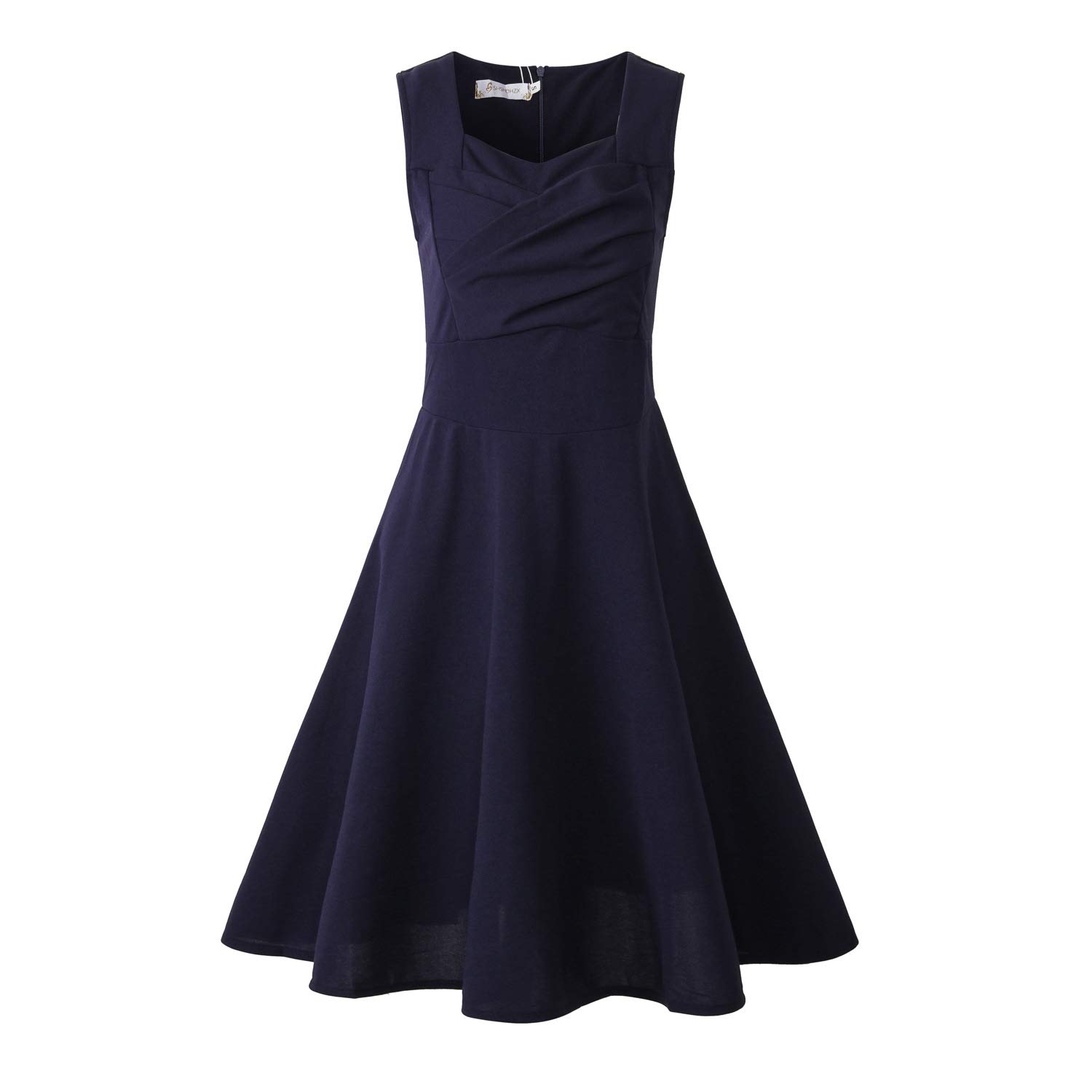 RQH Women 1950s Retro Rockabilly Boat Neck Sleeveless Swing Knee Length