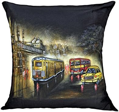 18 x 18 inch Square Decorative Hand Painted Street Scene Poly Cotton Throw Pillow Cushion Cover Case Chair Seat Pillowcase For Living Room, Kids, Study, Travel, By Klamod India