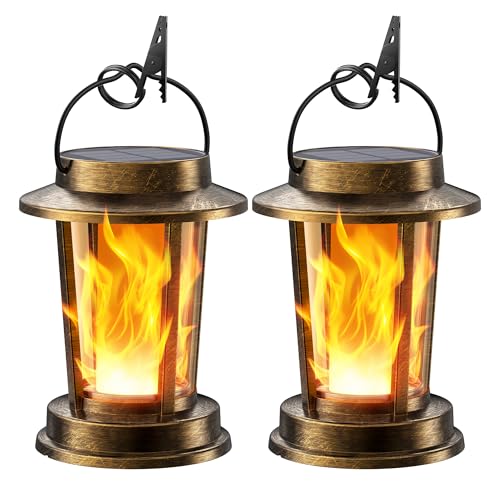 TuyLuxe Solar Lights for Outdoor Hanging/Standing, Solar Lanterns for Outdoor Warm White, IP65 Waterproof Retro Solar Lights, Garden Decoration with Clips for Outdoor Garden, 2 Pieces (Bronze, Flame