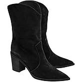 Coutgo Womens Cowboy Mid Calf Boots Chunky Block Heel Pointed Toe Suede Western Cowgirl Boots