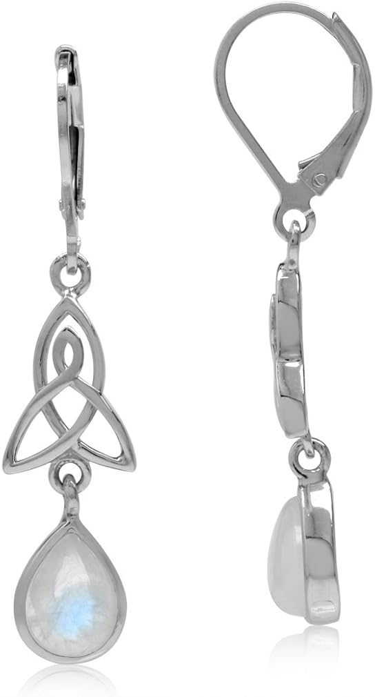 Silvershake Natural Moonstone 925 Sterling Silver Triquetra Celtic Knot Drop Dangle Leverback Earrings