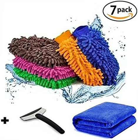 Microfiber Car Wash Mitt (5-Pack) with Free Polishing Cloth &amp; Car Ice Scraper