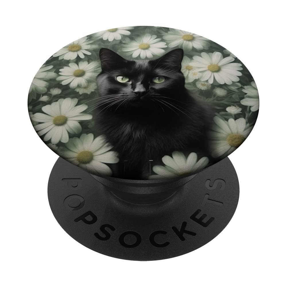 Cute Daisy Flower Floral Aesthetic Black Cat Sage Green PopSockets Swappable PopGrip