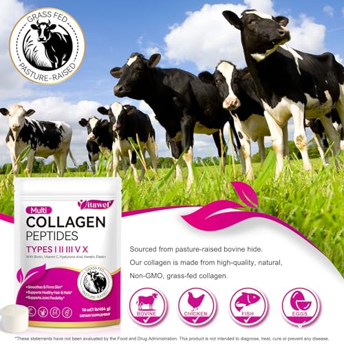 Multi Collagen Peptides Powder,Type I, II, III, V, X,with Biotin,Vitamin C,Hyaluronic Acid,Supports Healthy Joint, Hair, Skin & Nail Support,Grass-Fed, Non-GMO,16oz
