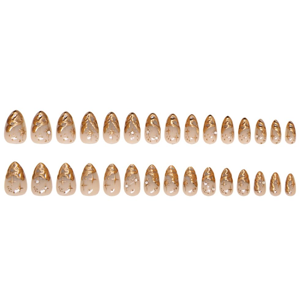 Almond Press On Nails Short Gold Fake Nails with Rhinestone Designs Almond False Nails Press Ons Glossy Glue On Nails Almond French Manicure Full Cover Nail Tips Stick On Nails for Women 24PCS - Image 6