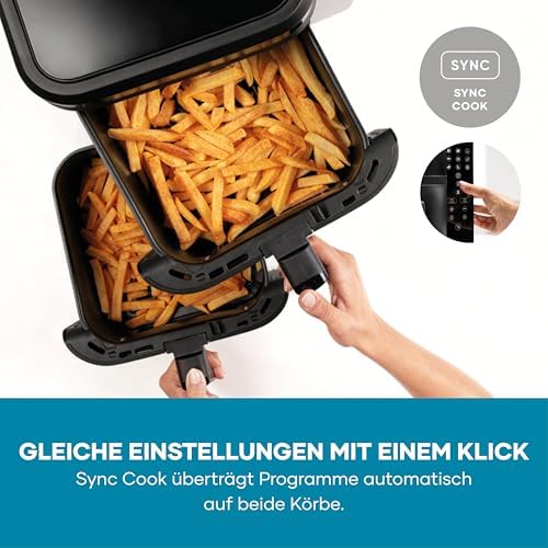 Duo Stack Heißluftfritteuse, 2 x 5,5 L Garraum, 2 Kammern, gesundes Kochen, 9 Automatik-Programme, Fritteuse ohne Fett, platzsparendes Design, doppelstöckig, S-Fry, 2800 W, schwarz, FR 9598