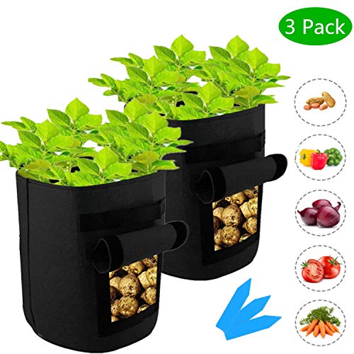 SYOURSELF 3 Pack 7 Galllon Potato Planter Grow Bags, Double Layer 400GSM Non-Woven Fabric Pots with Handles,Potato Peanut Growing Box for Nursery Garden+3 Waterproof Labels(Black)