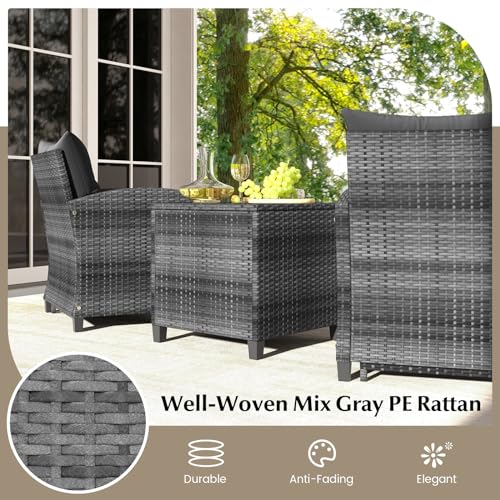 Tangkula 5 Piece Patio Rattan Furniture, Wicker Cushioned Chairs Set with 2 Ottomans & Tempered Glass Coffee Table, for Poolside, Backyard, Lawn, Deck