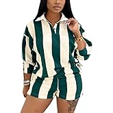 Wuitrie Women 2 Piece Casual Color Matching Stripe Outfits Long Sleeves Pullover Top Elastic Shorts Daily Sports Set