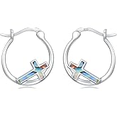 Twoowl Cross Hoop Earrings 925 Sterling Silver Opal Cross Earrings Religion Jewelry Gifts for Women