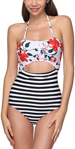 JULNN Fashion Women's Swimwear Cutout Bikinis One Piece Swimsuits Printing Stripe Halter Padded Bathing Suits