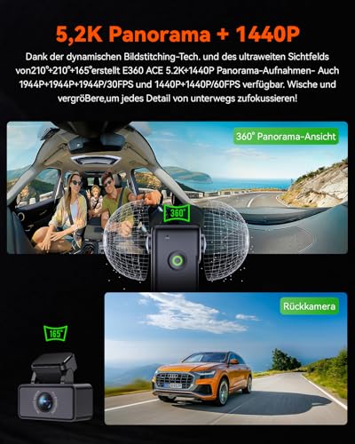 VANTRUE E360 ACE 5.2K Panorama + 1944P Dashcam with Dual STARVIS 2 HDR Night Vision, 3 Channel 360° Dash Cam with Portable Carrying Stand, Voice Controlled Car Camera, App