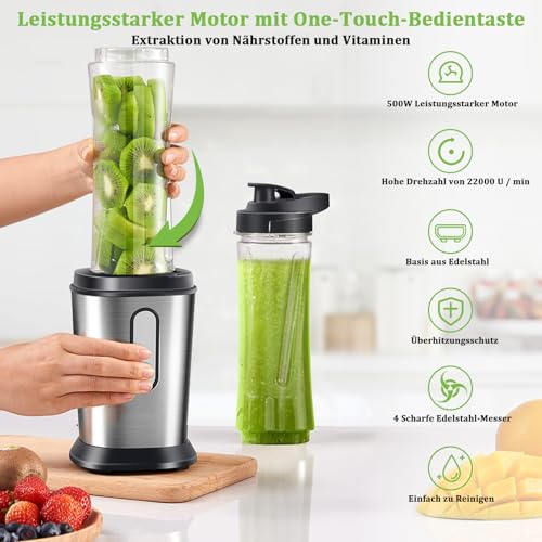 Mixer, 500 W Mini Stand Mixer & Smoothie Maker with 2 x 600 ml Bottles, BPA-Free Tritan, Portable Mixer Smoothie Maker Made of Stainless Steel, 4 Sheets for Shake, Smoothie, Silver (Silver)