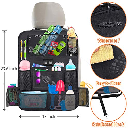 Backseat Car Organizer with 4 USB Charging Port, 11'' Touch Screen Tablet Holder, Seat Back Protectors Kick Mats for Toy Bottle Book Drink, Universal Fit Travel Accessories for Kid & Toddlers (2 Pack)