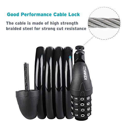 image for Titanker Bike Lock, 4ft Bike Locks Cable Coiled Secure Resettable Comb