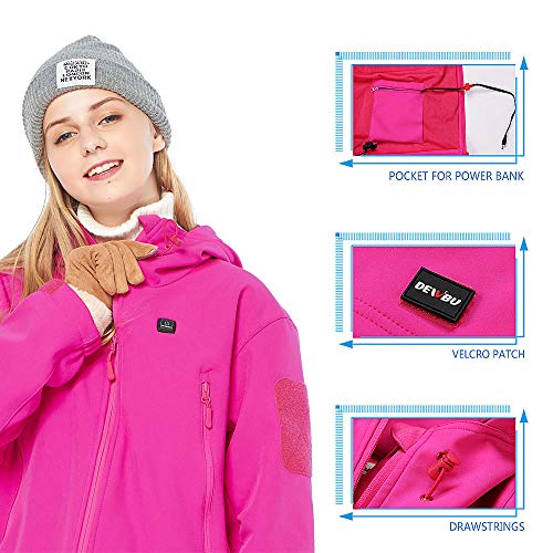DEWBU Women's Heated Jacket with 7.4V Battery Heating Jacket Soft shell for Women, Rose Red, L