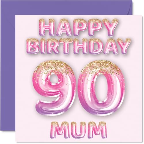 90th Birthday Card for Mum, Pink & Purple Glitter Balloons
