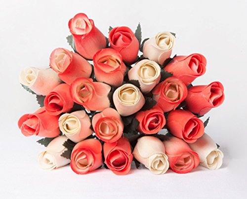 24 Realistic Wooden Roses - Peach and Cream