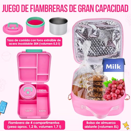 Nasjac Lonchera Bento Box para Niños Y Niñas, Caja Charolas Bento 2000ML de 4 Divisiones con Termo de Sopa, Bolsa de Almuerzo Termica para Niños Portátil con Cuchara Tenedor Bolsa Aislante