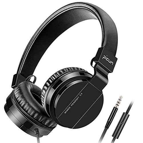 Wired Headphones with Mic for Computer Cell Phone Tablet Laptop MP3/4， Over Ear Earphones Earbuds for Kids Teens Adults Fashion Stereo Bass - Picun (Black)