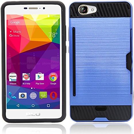 BLU Life XL (L050U) Case, Telegaming Brushed Metal Texture Hybrid Dual Layer Shockproof Hard Bumper Case With Card Slot Holder Pocket Cover For BLU Life XL (L050U) Blue