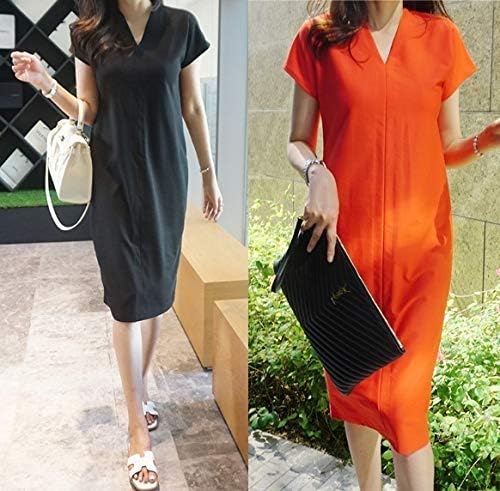 Amazon Co Jp Vネックワンピース 膝丈 無地 細見え シンプル プチプラ 韓国ファッション ブラック 服 ファッション小物