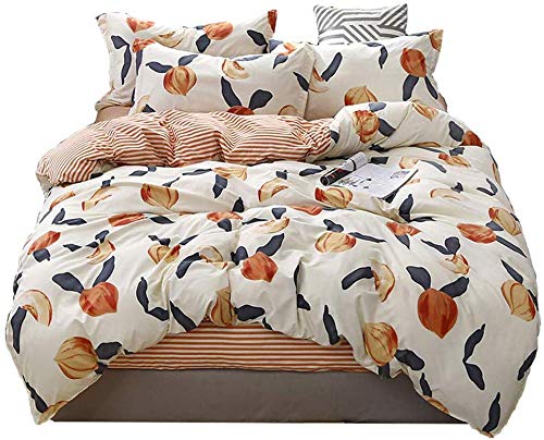 Kids Bedding Set Double Size Children Girls Fruits Peach Duvet Cover Stripe Decorative 3 Pieces Cartoon Tropical Comforter Cover Set Cute Tapestry Bedspread Cover with 2 Pillowcase Microfiber Zipper