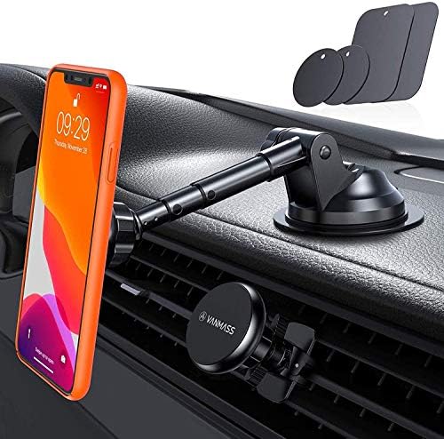 VANMASS Magnetic Phone Car Mount 【Patent & Safety Certs】Unique Aluminium Alloy Structure, 6X Strong Magnets, Super Sticky Suction Cup, Phone Holder for Car Dashboard Windshield Air Vent & All Devices