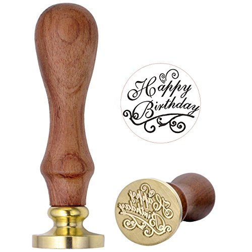 Vintage Wax Seal Stamp with Classic Wooden Handle & Antique Brass Head Greetings Blessing Wishes Words for Wedding,Invitation (Happy Birthday)