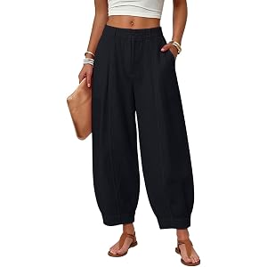 HYYGOCCTV Women Baggy High Waist Barrel Cropped Pants Pleated Front Tapered Trousers Cotton Linen Cuffed Pants Pockets