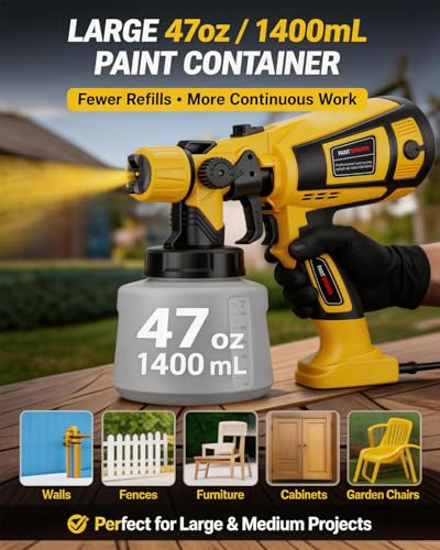 Paint Sprayer, 1000W Electric HVLP Spray Paint Gun with 47 oz Container, 3 Patterns 6 Nozzles, Easy to Clean & Use, Stain Sprayer for House Painting, Furniture, Cabinets, Walls, Doors, Fences